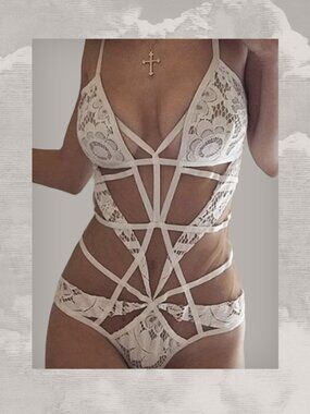 FOR LOVE & LEMONS bodysuit Ruby Lace Eyelet Paneled Lingerie White XS